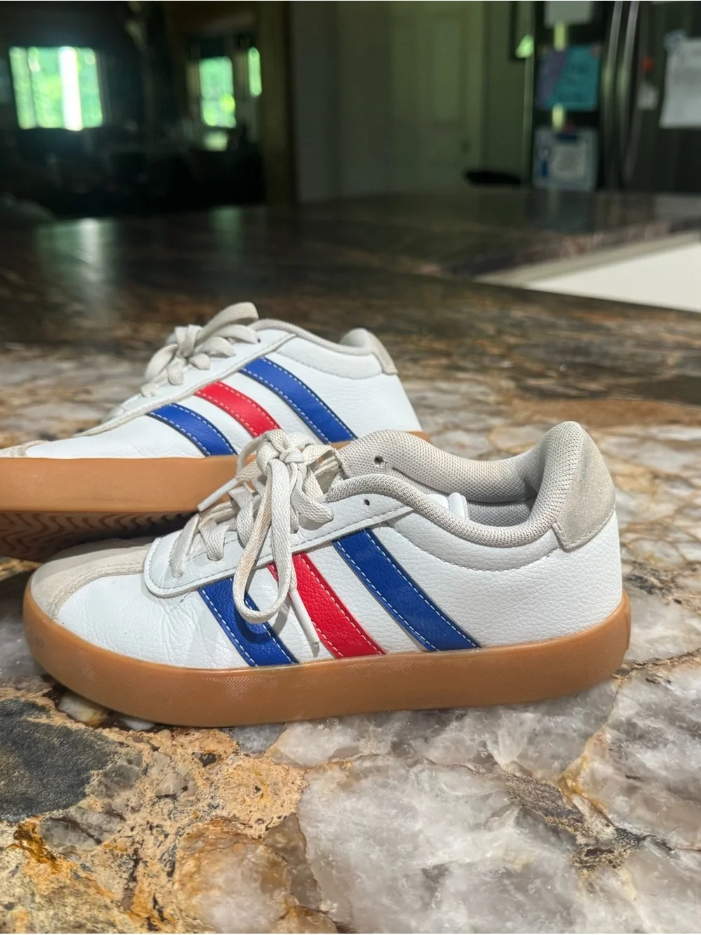 adidas Kids White Sneakers with Blue and Red Stripes and Gum Sole